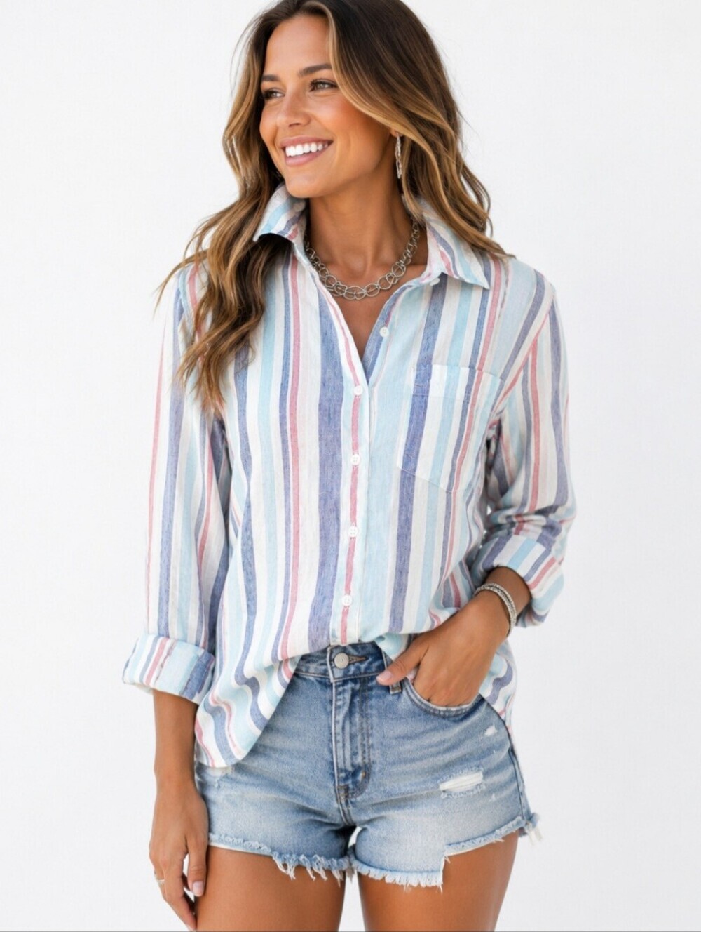 L.L.Bean 100% Linen Button Front Shirt Women's Medium Blue Pink Stripe Coastal